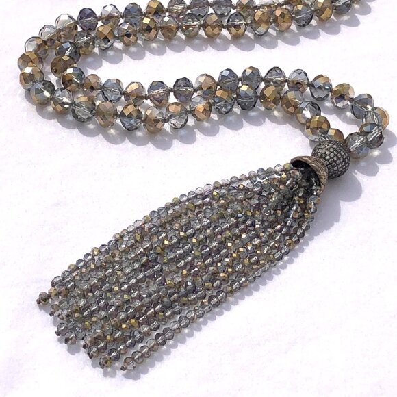 Long Beaded Tassel Necklace Faceted ABS Glass Beads Smoke Gray crystal pave 36" - Picture 3 of 8